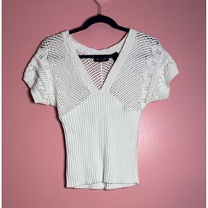 Axcess Knit Sweater Women Medium White Good V-Neck Short Sleeve Pointelle Cotton